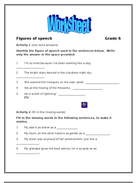 figures of speech worksheet grade 6 pdf